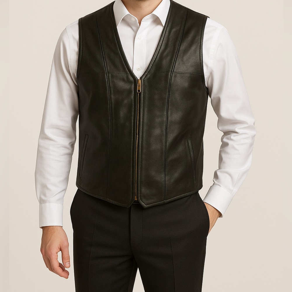 90s Chandler Hill Genuine Leather Vest Black L – Vintage Biker Grunge Streetwear - Picture 1 of 10